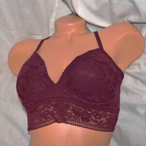 Victorias Secret Medium Maroon Lace T Back Bralette V Neck Padded Long Bra